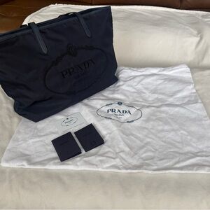Prada Navy Re-Nylon Embroidered Logo Tote Bag